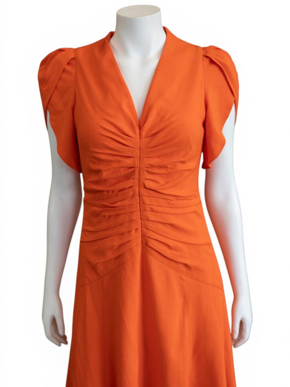 ME+EM Orange Zing Ruched Midi Dress NWT | Flutter Sleeve | UK 10 / US 6 | $575 - Picture 3 of 14